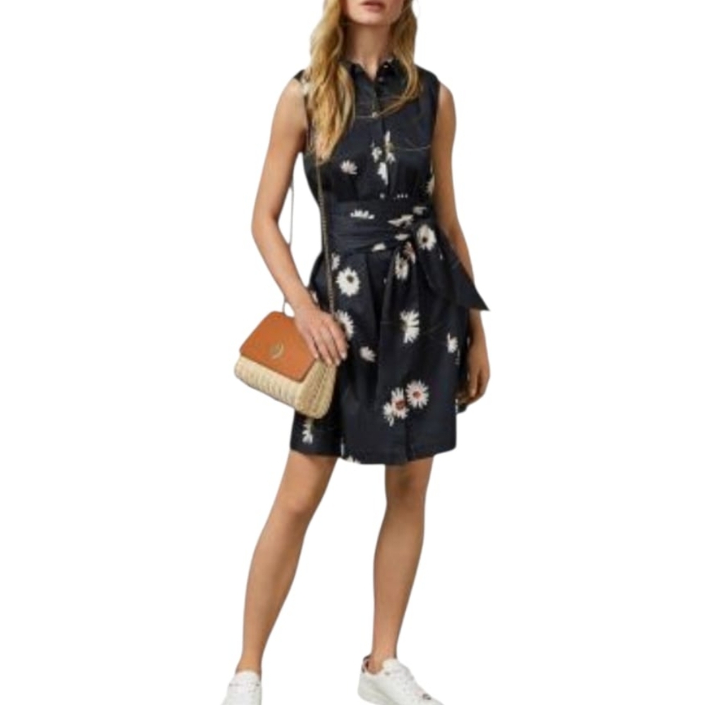 Ted Baker Bonina Midnight Navy Cotton Daisy Floral Shirt Mini Dress pockets sz 2